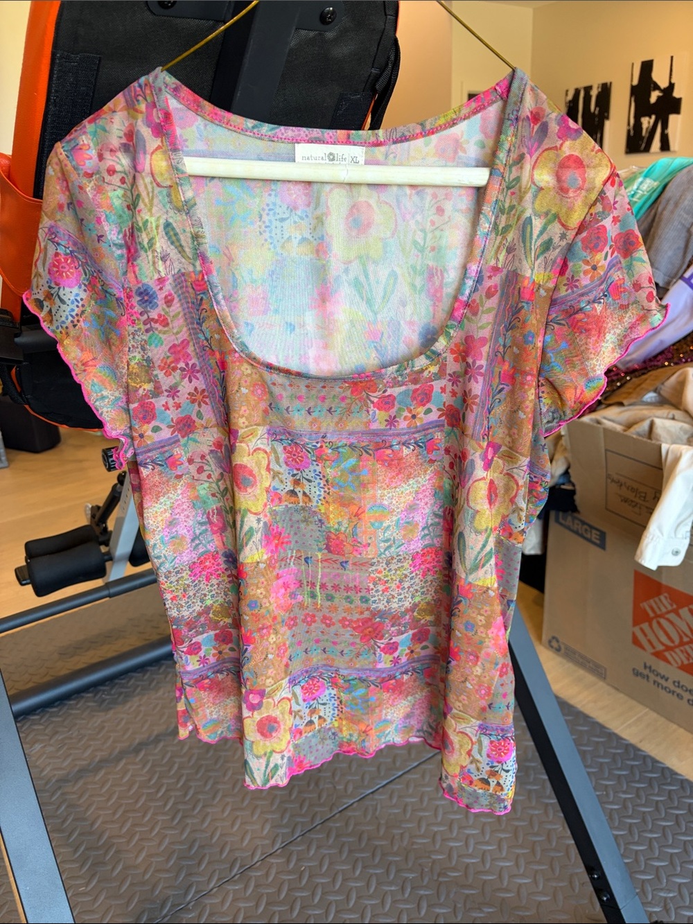 NATURAL LIFE Pink Floral Scoop Neck Sheer Blouse
